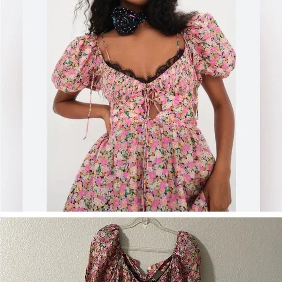 For Love And Lemons Pink Red Sweetheart Puff Sleeve Midi Dress NWT - Picture 6 of 6